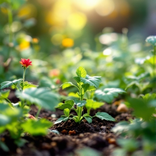 A close-up of young plants, including a small red flower, in a garden setting with soft sunlight.