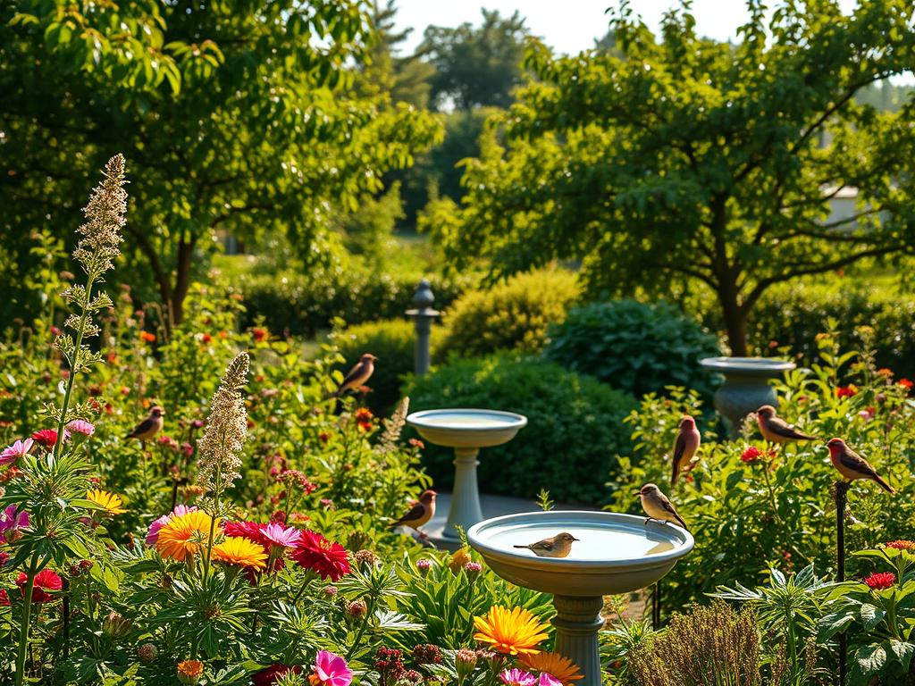 bird-friendly garden with edible plants