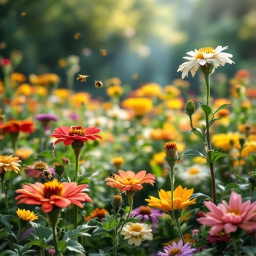 Colorful flower garden with bees flying around, showcasing a variety of blooms.