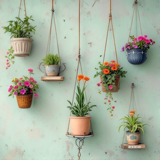 A collection of colorful hanging planters with various flowers against a textured wall.