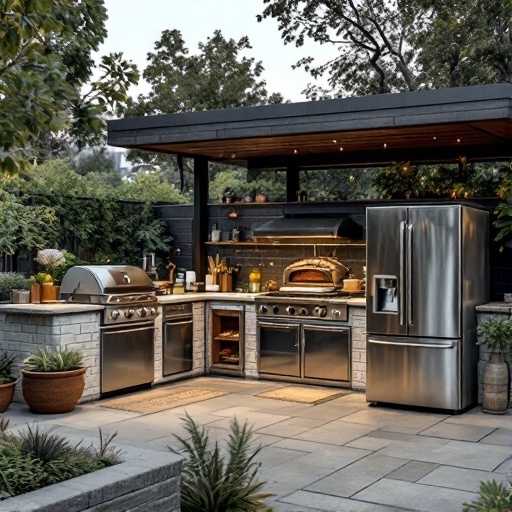 An outdoor kitchen setup with modern appliances, including a grill and refrigerator, surrounded by greenery and stone flooring.