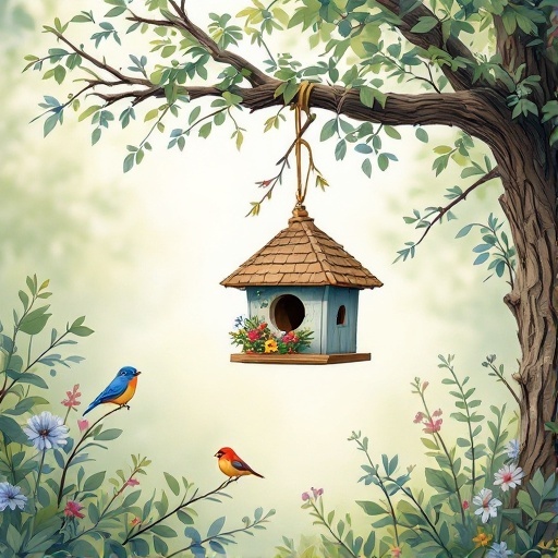 A beautifully crafted birdhouse hanging from a tree branch, surrounded by flowers and greenery.