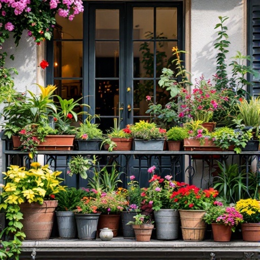 A balcony filled with a variety of colorful potted plants.