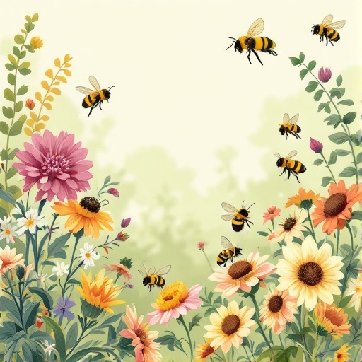 A colorful illustration of a vibrant garden filled with various flowers and bees.