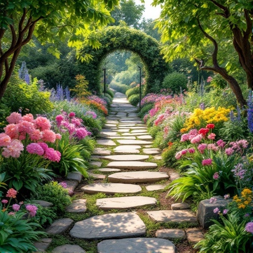 A charming garden pathway lined with colorful flowers and natural stone.