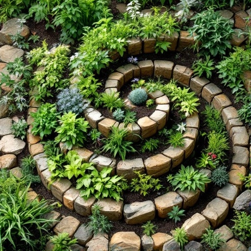 Herb spiral garden made of stones filled with various herbs.