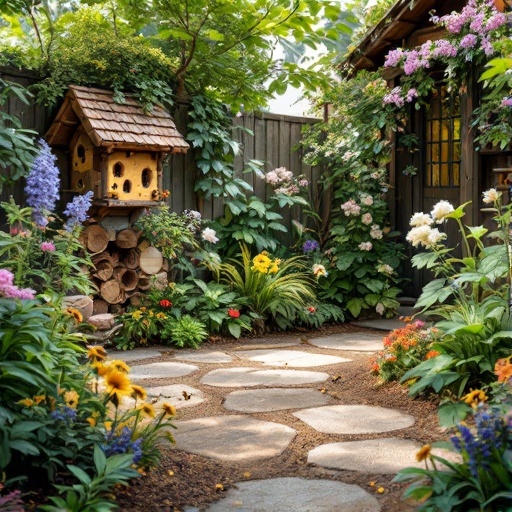 A beautiful backyard garden featuring a wooden birdhouse, vibrant flowers, and natural logs for bee nesting.