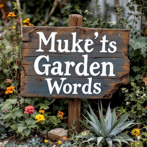 A wooden garden sign that reads 'Muke's Garden Words' surrounded by flowers and plants.