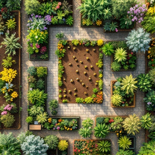 Aerial view of a beautiful garden layout with various plants and flowers, designed to attract bees.