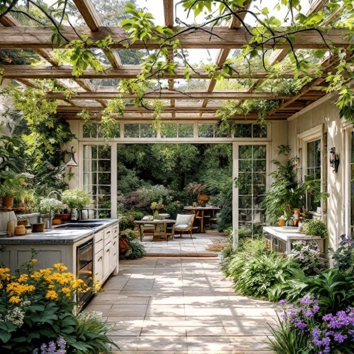 A beautifully designed outdoor kitchen with rustic decor, an herb garden, and cozy seating surrounded by vibrant flowers.