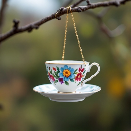 A vintage teacup bird feeder hanging from a branch, filled with birdseed