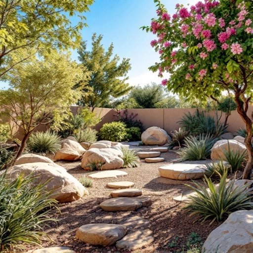 A beautifully landscaped drought-resistant garden featuring natural stones, gravel paths, and vibrant plants.