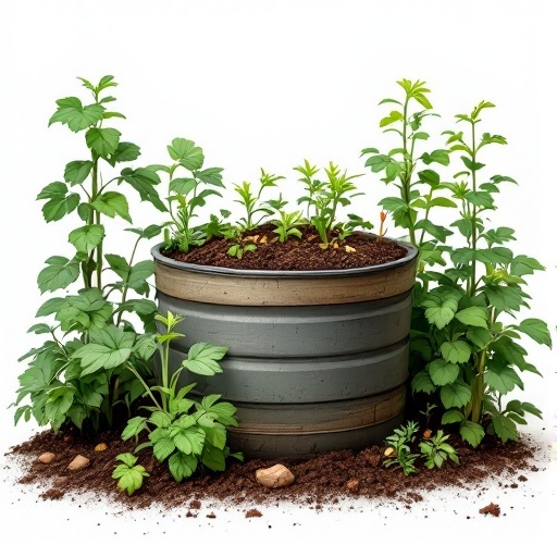 A composting pot surrounded by thriving plants in a garden setting.