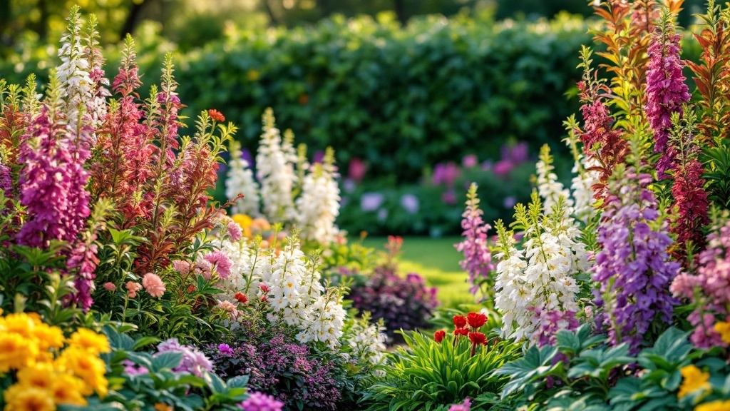 A vibrant flower garden filled with colorful blooms among lush greenery.
