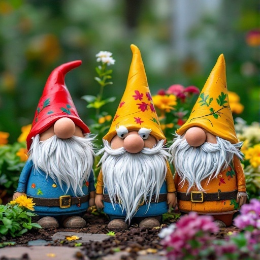 Three colorful garden gnomes with flowers in the background