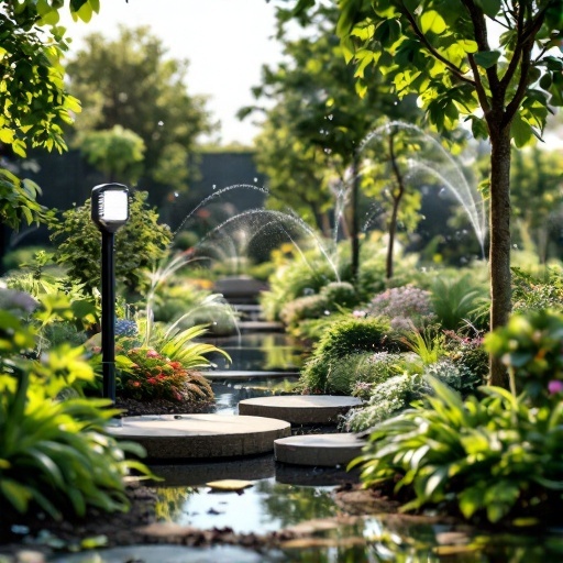 A beautifully landscaped garden with automated lighting and irrigation features.