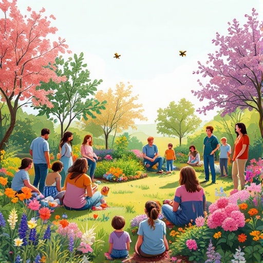 A colorful garden workshop with a group of people learning about pollinator plants and gardening for bees.