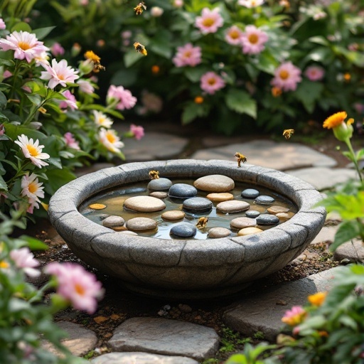 A stone water bowl filled with pebbles and surrounded by colorful flowers, attracting bees.