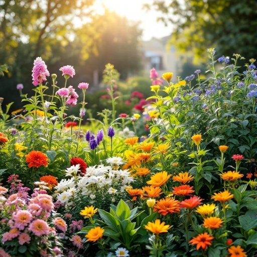 A colorful garden filled with various perennial flowers in bloom, showcasing vibrant yellows, pinks, and purples.