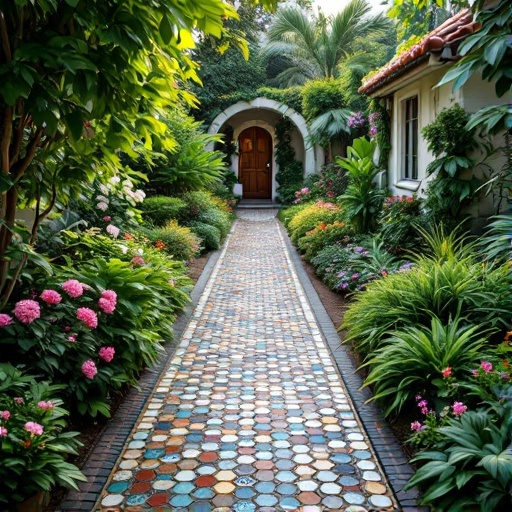A lush garden pathway made of colorful stones, surrounded by vibrant plants and flowers.