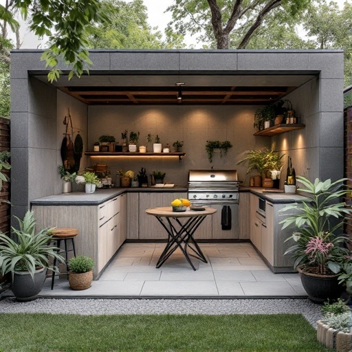 Compact outdoor kitchen in a cozy garden with rustic decor and plants.