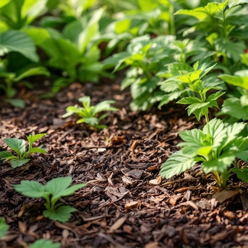 A healthy garden bed with vibrant green plants surrounded by a layer of mulch.