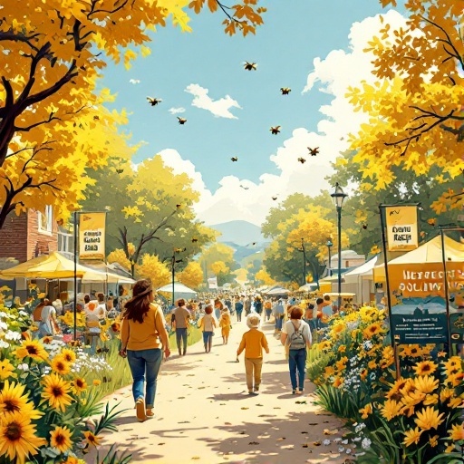 A vibrant outdoor festival with people walking amongst sunflowers and buzzing bees.