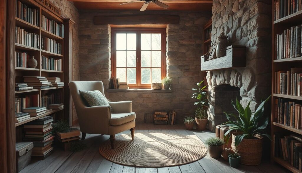 rustic reading nook with wooden and stone features