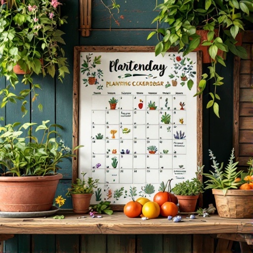 A colorful planting calendar displayed on a wooden shelf surrounded by potted plants.