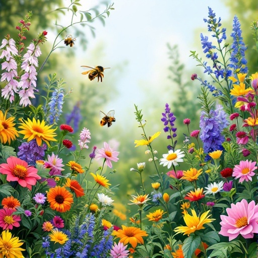 A vibrant flower garden filled with various colorful flowers and bees buzzing around.