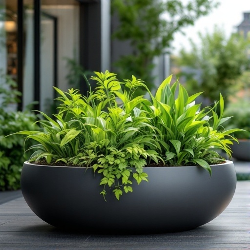A modern self-watering planter filled with vibrant green plants, placed in a stylish outdoor setting.