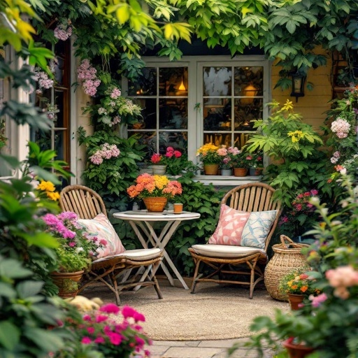 A cozy garden nook with wicker chairs, colorful flowers, and a small table.