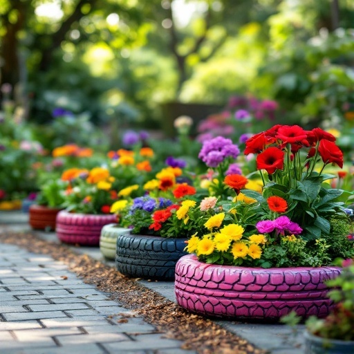 Colorful upcycled tire planters filled with flowers in a garden