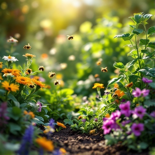 A vibrant and colorful flower garden with bees buzzing around various flowers in a sunny setting.
