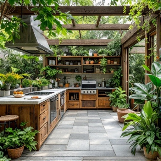 A beautifully designed outdoor kitchen with wooden cabinetry and lush plants, featuring stone flooring and string lights overhead.