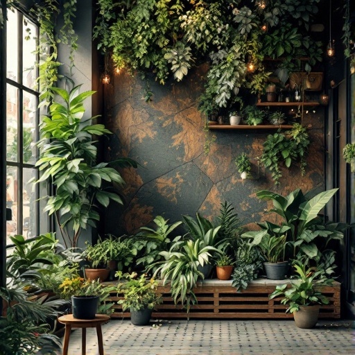 A cozy indoor space featuring a vertical garden with various plants and a decorative wall.