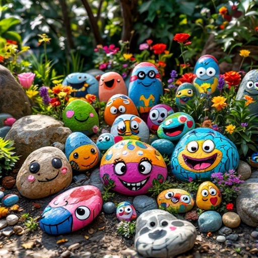 Colorful painted rocks with playful designs in a garden setting